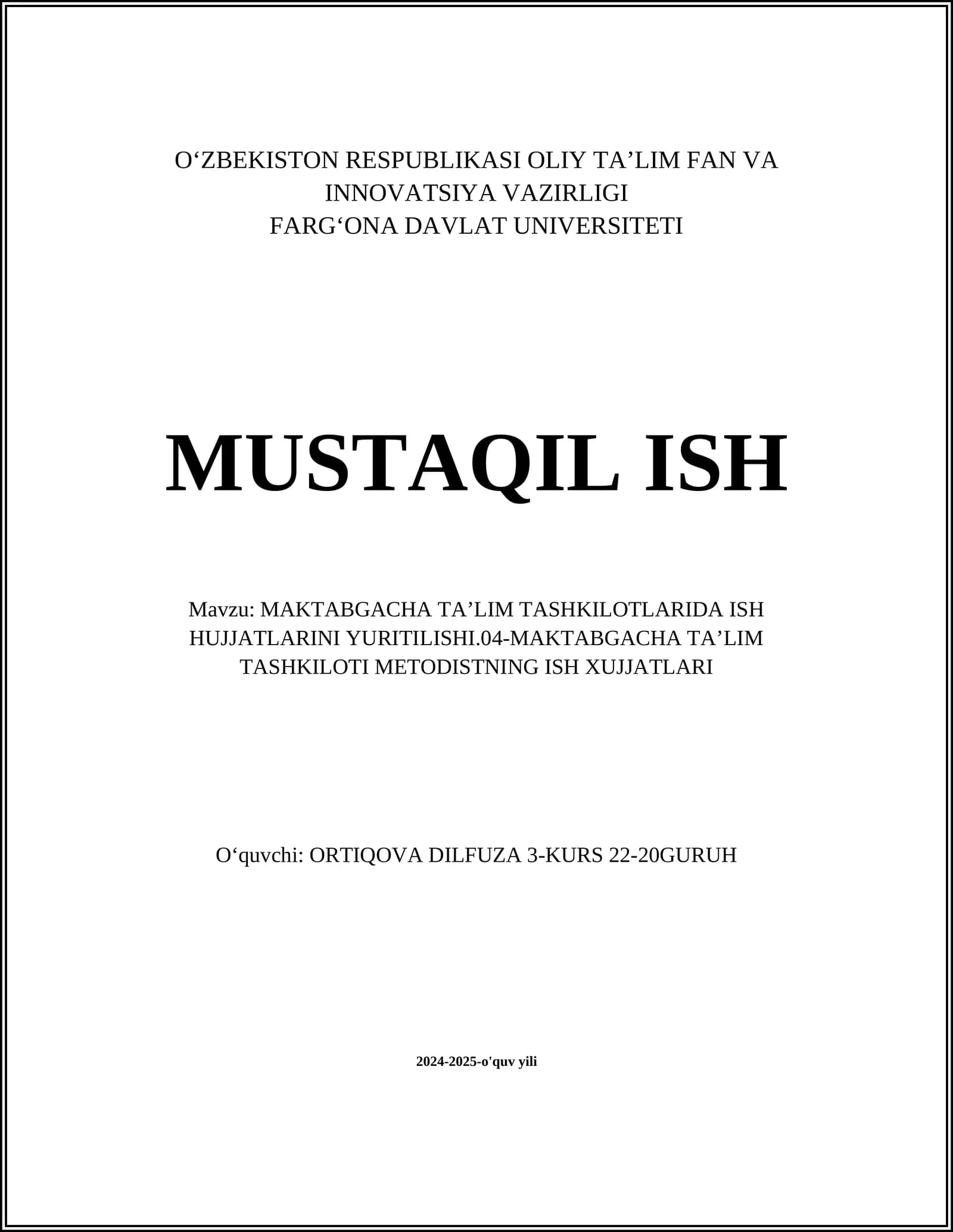 MAKTABGACHA TAʼLIM TASHKILOTLARIDA ISH HUJJATLARINI YURITILISHI.04-MAKTABGACHA TAʼLIM TASHKILOTI METODISTNING ISH XUJJATLARI