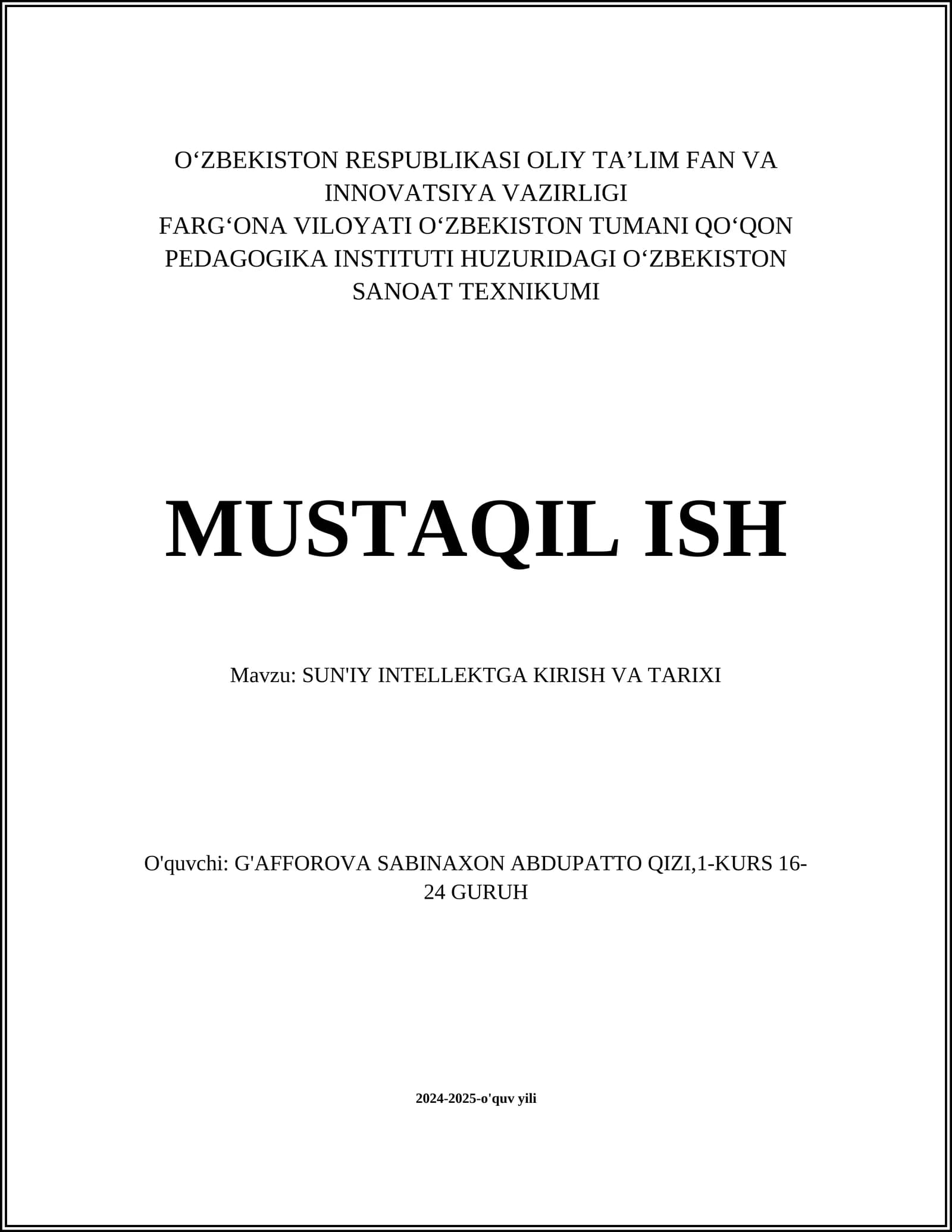 SUN'IY INTELLEKTGA KIRISH VA TARIXI