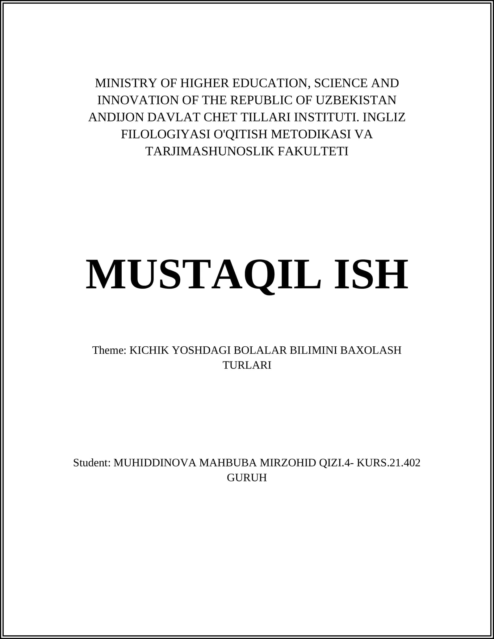 KICHIK YOSHDAGI BOLALAR BILIMINI BAXOLASH TURLARI