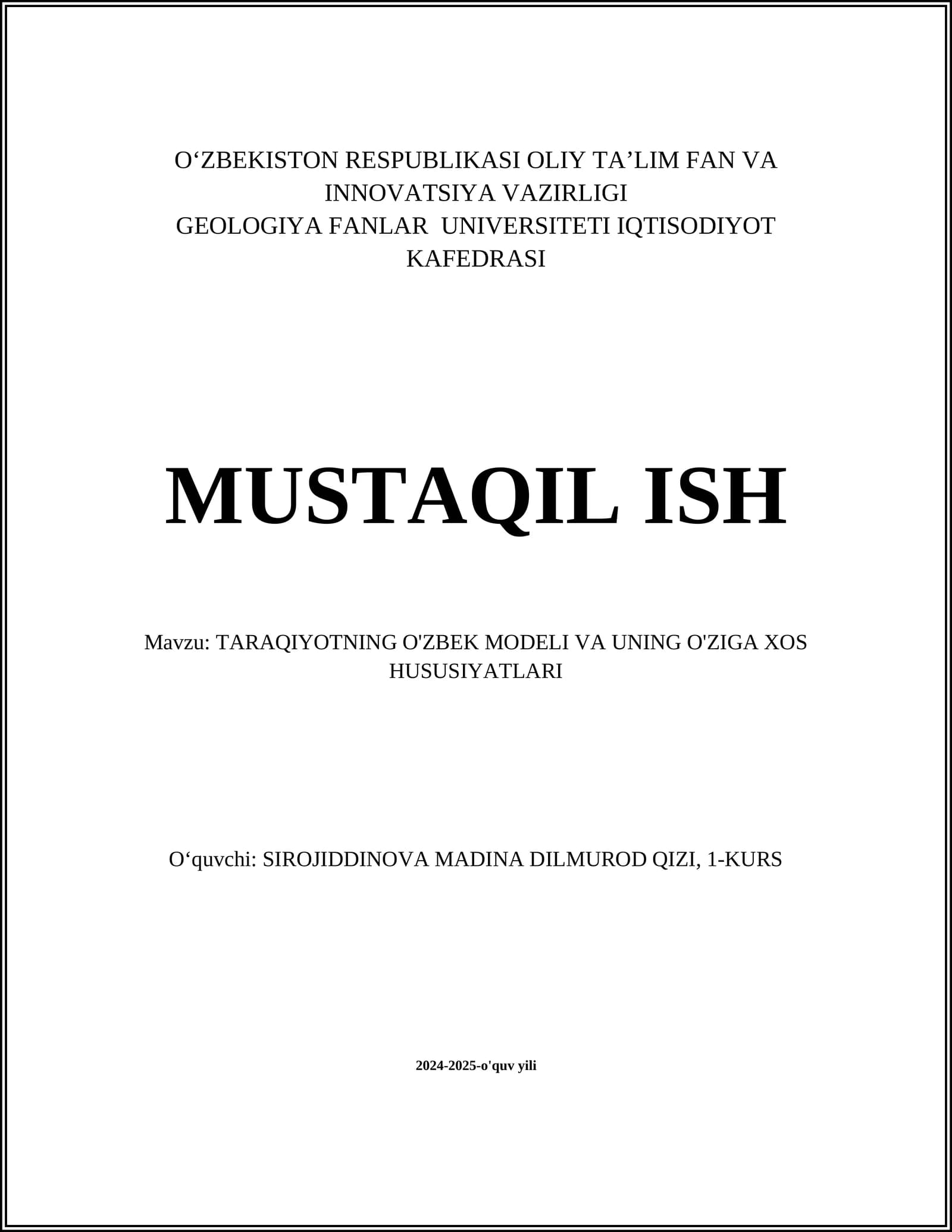 TARAQIYOTNING O'ZBEK MODELI VA UNING O'ZIGA XOS HUSUSIYATLARI