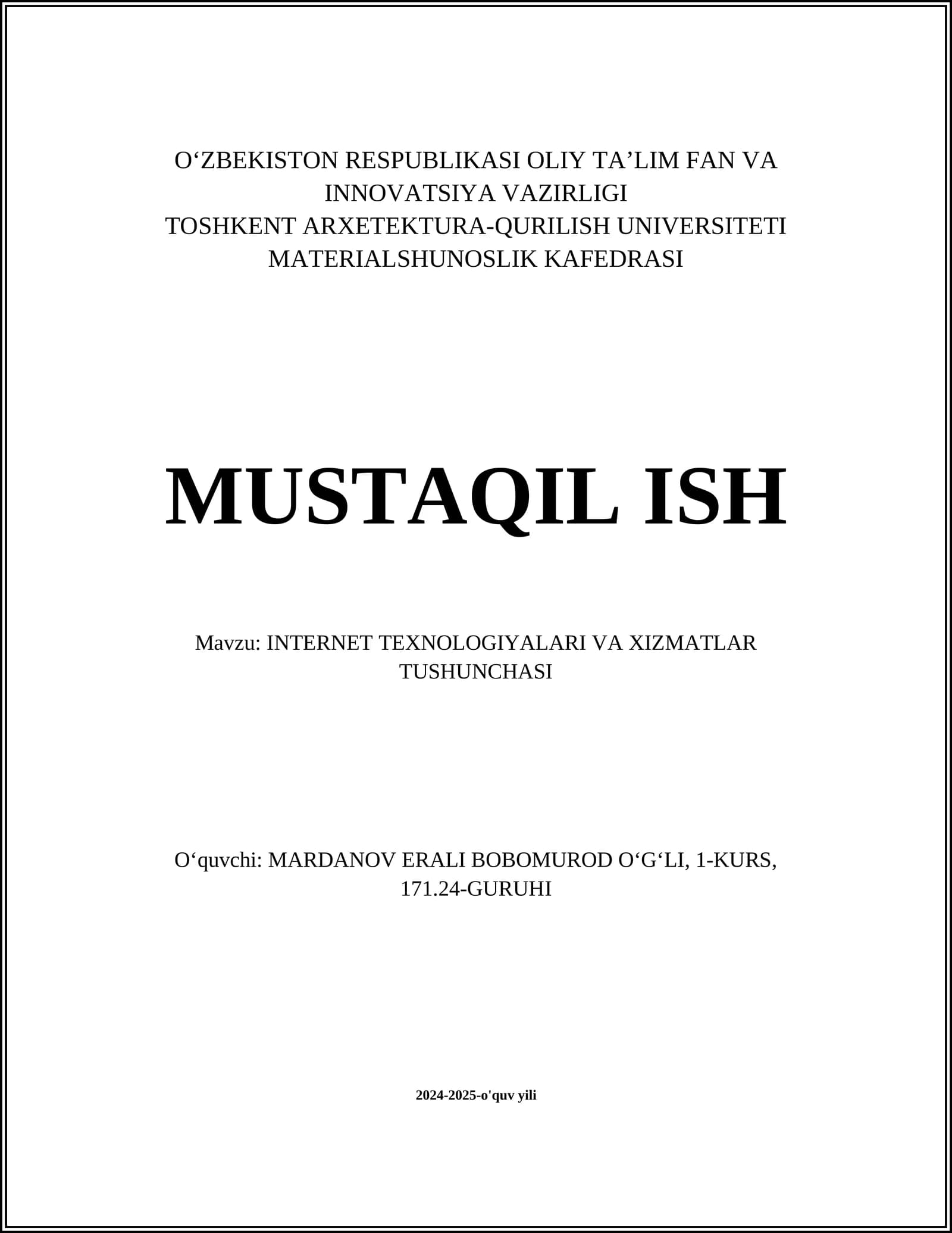 INTERNET TEXNOLOGIYALARI VA XIZMATLAR TUSHUNCHASI