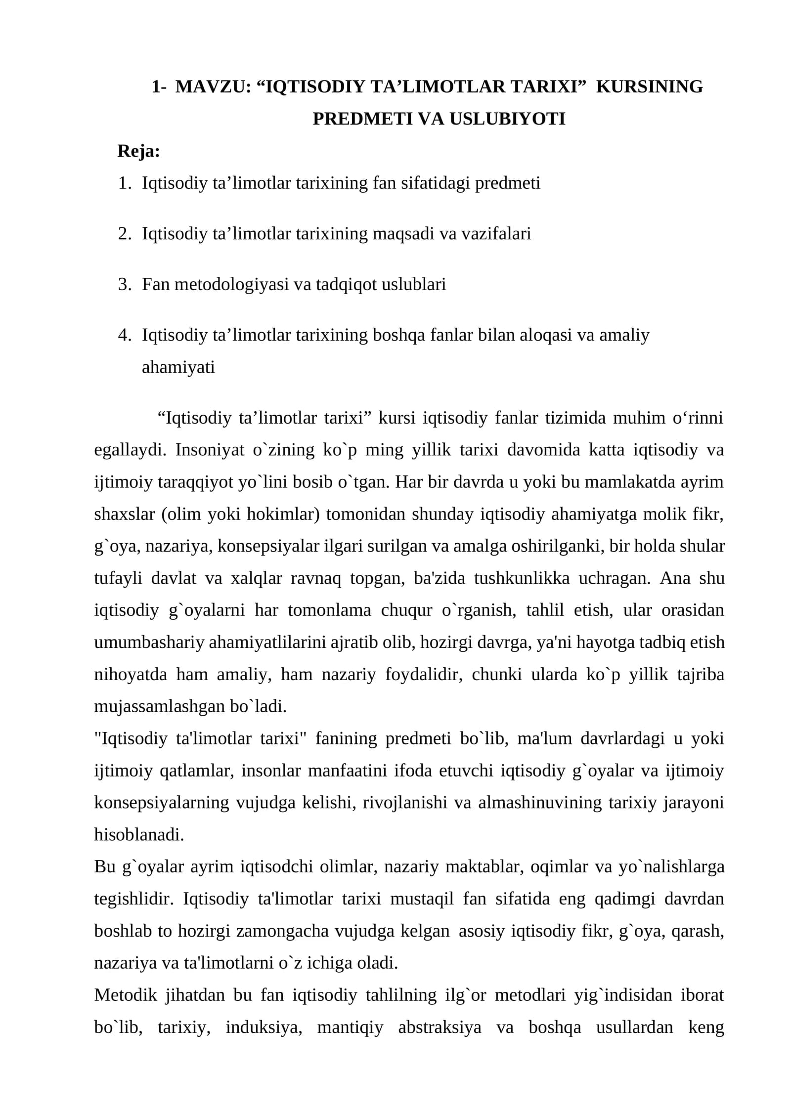 IQTISODIY TA’LIMOTLAR TARIXI KURSI