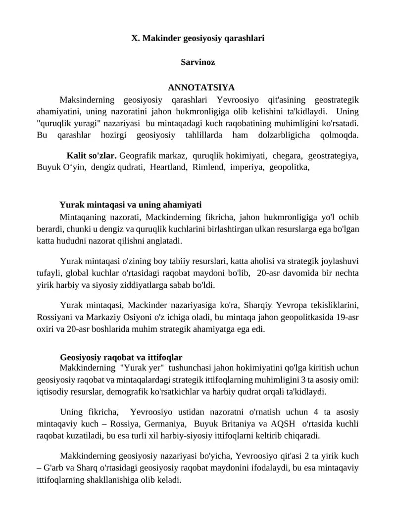 Mavzu: Makinder geosiyosiy qarashlari