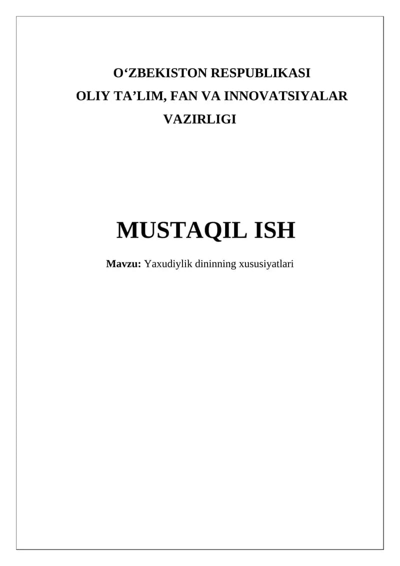 Yaxudiylik dininning xususiyatlari