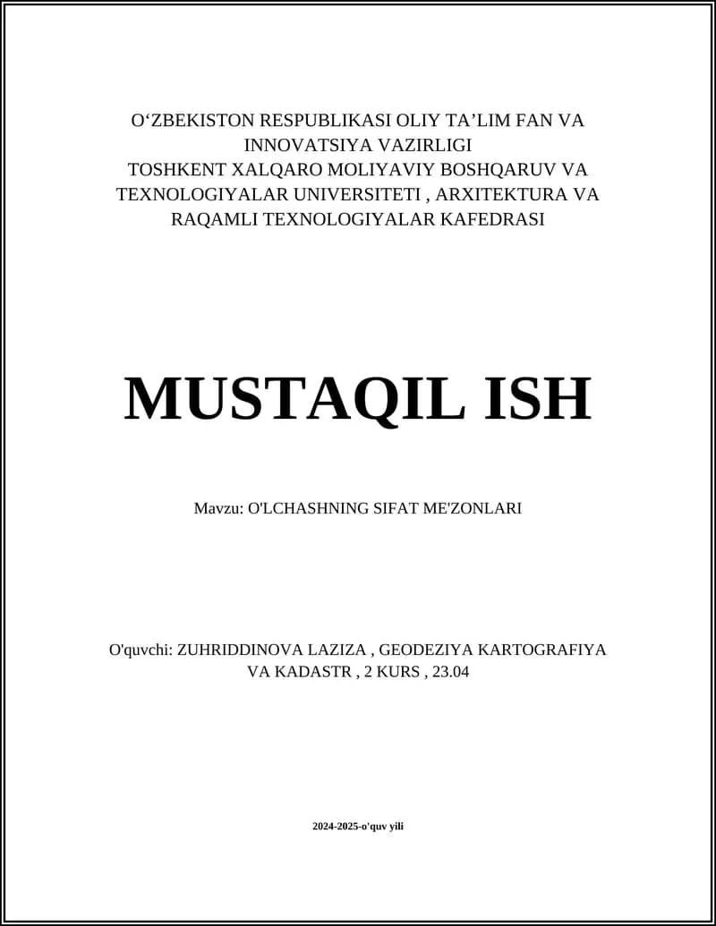 O'LCHASHNING SIFAT ME'ZONLARI