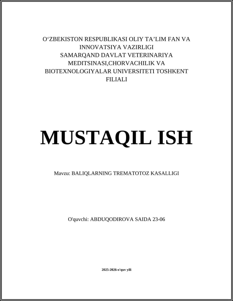 BALIQLARNING TREMATOTOZ KASALLIGI
