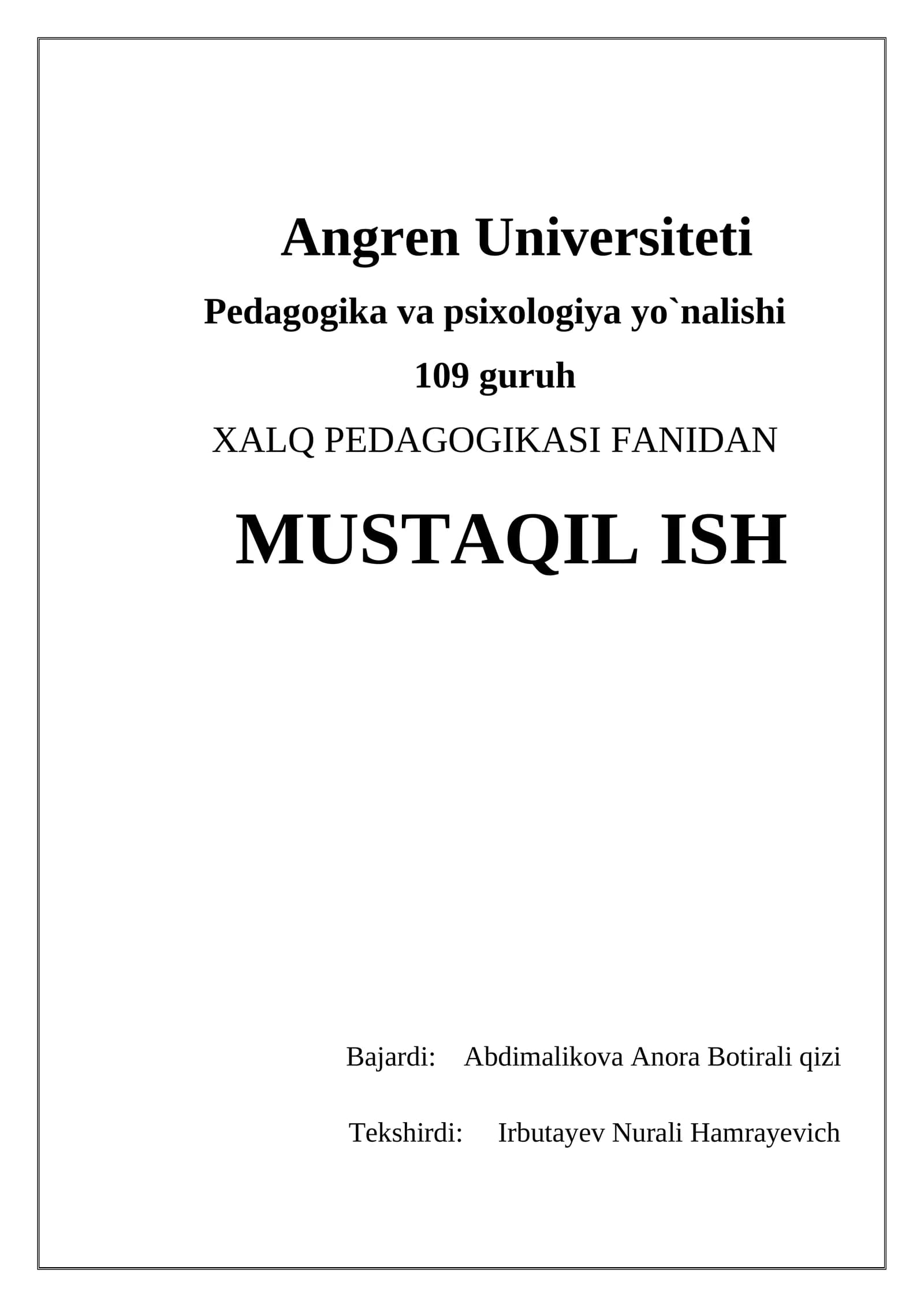 XALQ PEDAGOGIKASI FANIDAN
