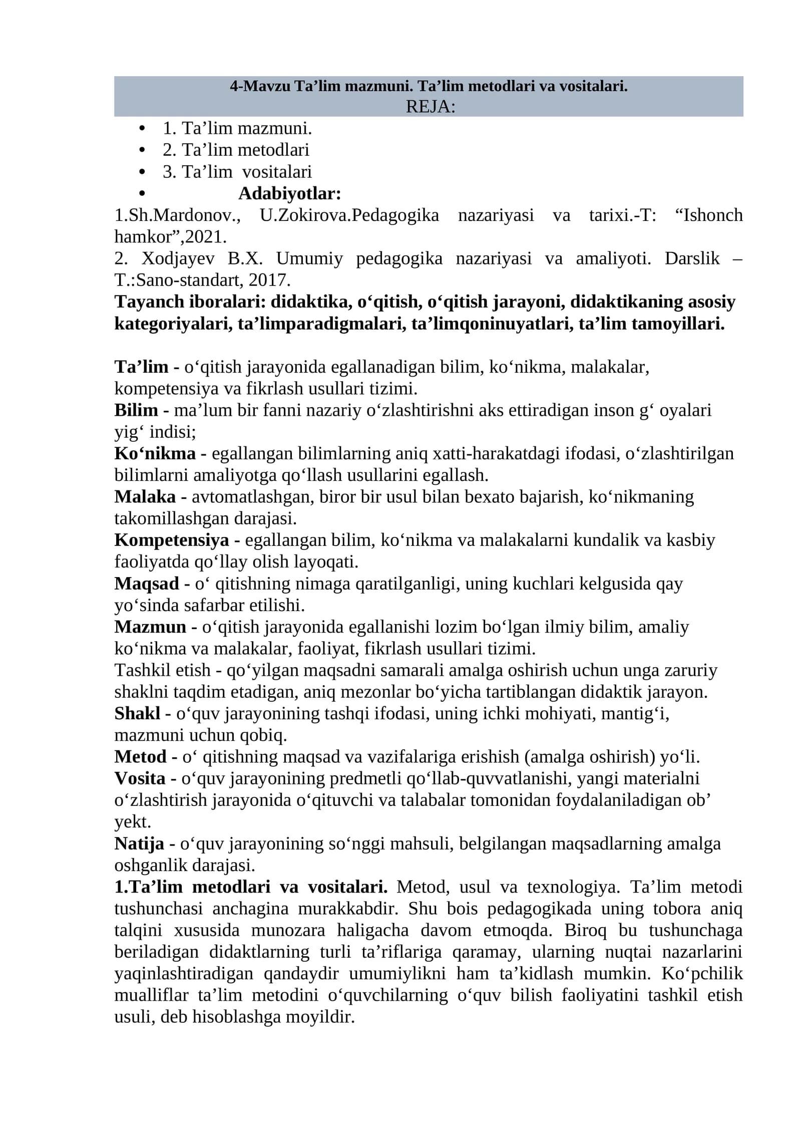 Ta'lim metodlari va vositalari