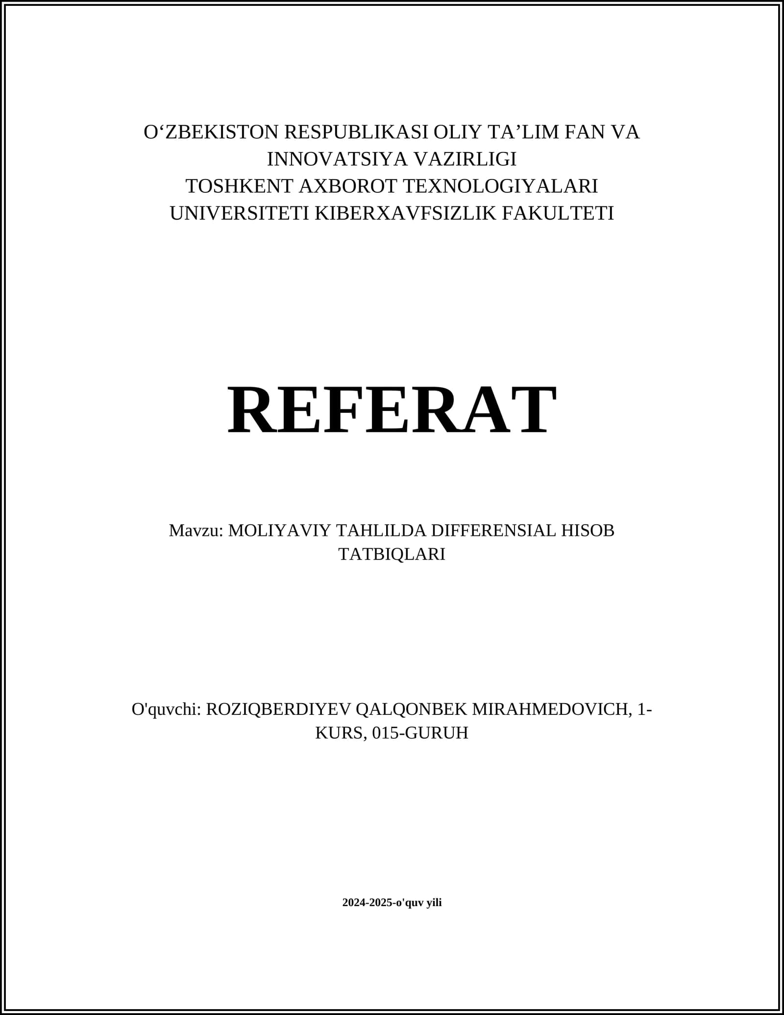 MOLIYAVIY TAHLILDA DIFFERENSIAL HISOB TATBIQLARI