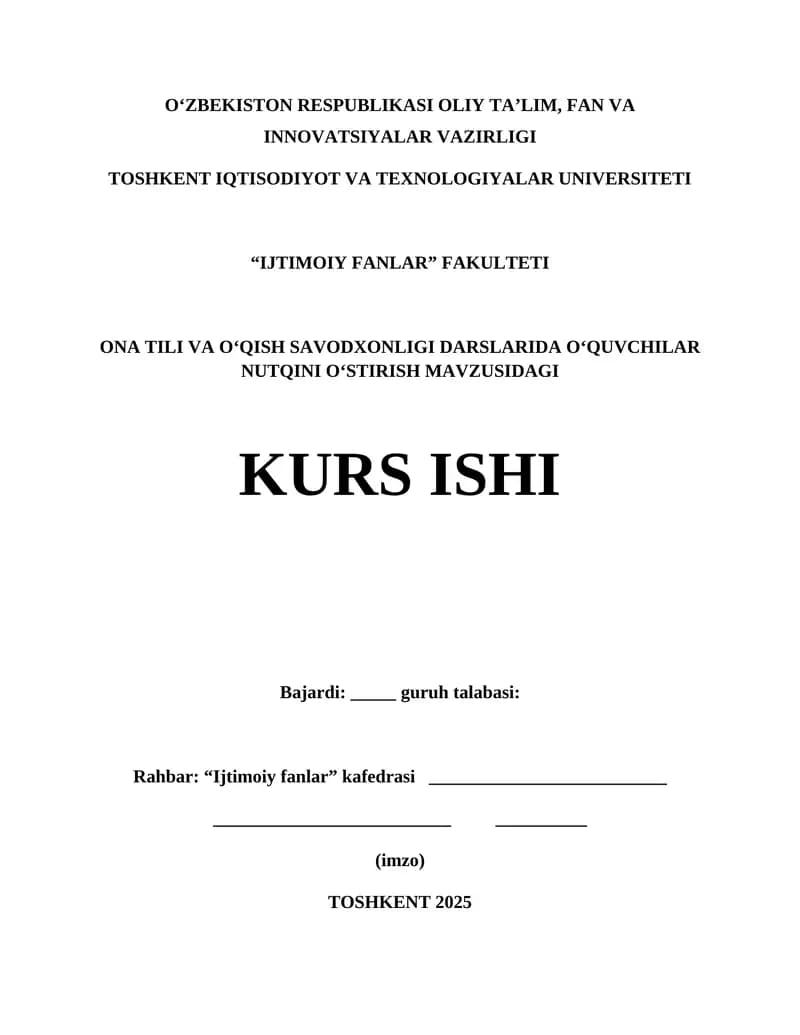 O'qish Savodxonligi Darslarida O'quvchilar Nutqini O'stirish Kurs Ishi