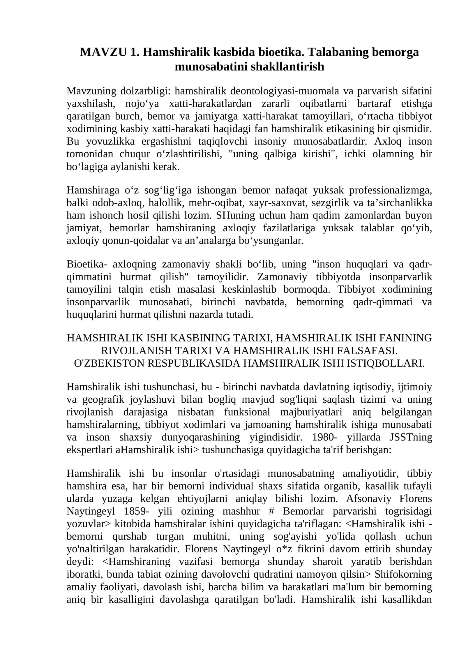 Hamshiralik kasbida bioetika