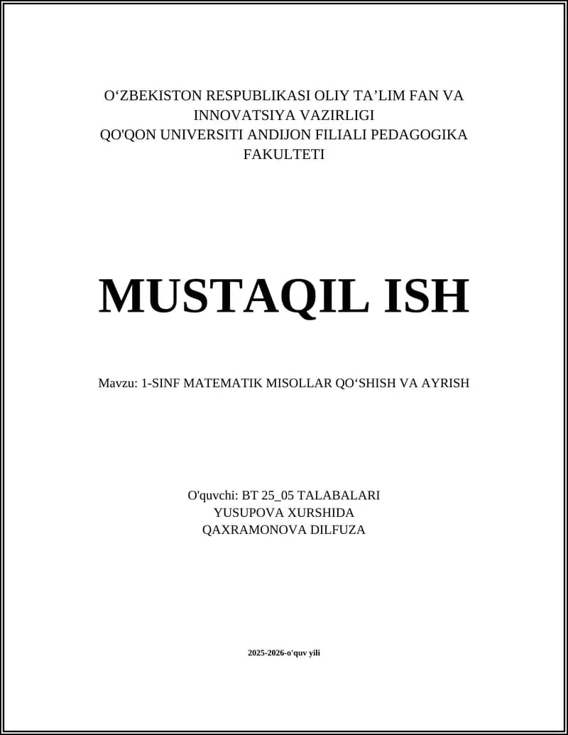 1-SINF MATEMATIK MISOLLAR QO‘SHISH VA AYRISH