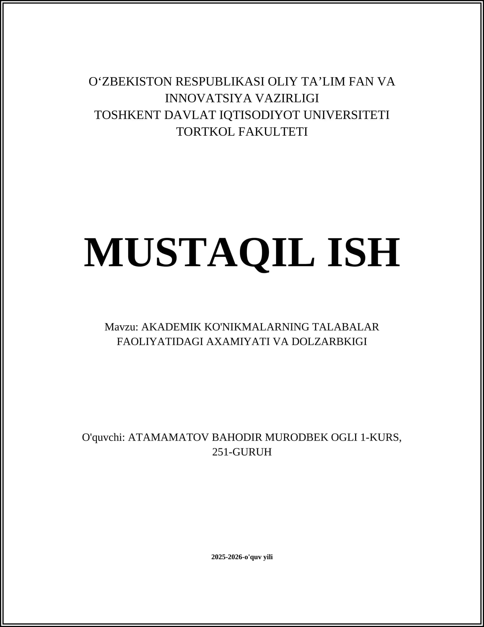 AKADEMIK KO'NIKMALARNING TALABALAR FAOLIYATIDAGI AXAMIYATI VA DOLZARBKIGI