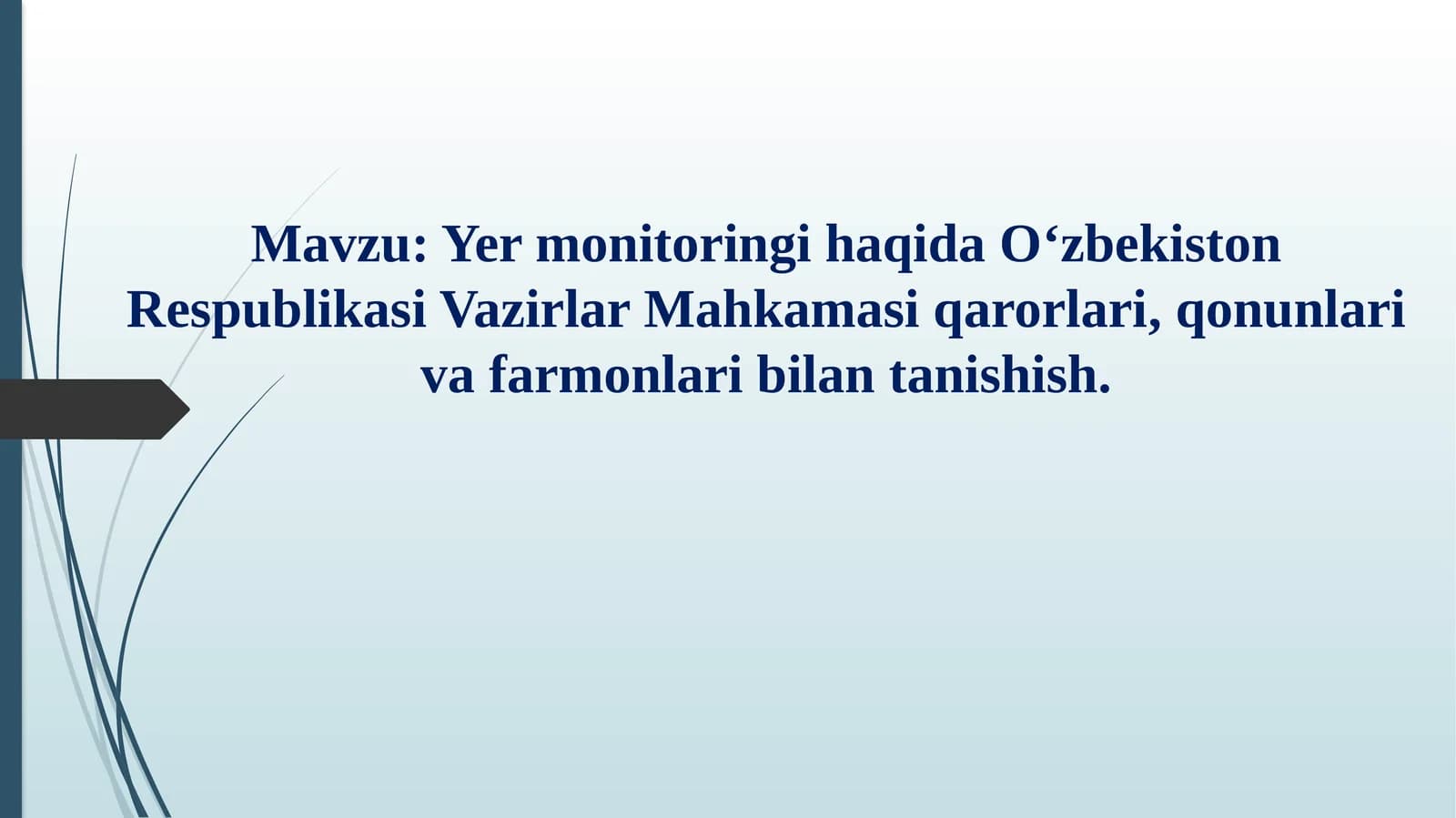 Yer monitoringi haqida O‘zbekiston Respublikasi Vazirlar Mahkamasi qarorlari, qonunlari va farmonlari bilan tanishish.