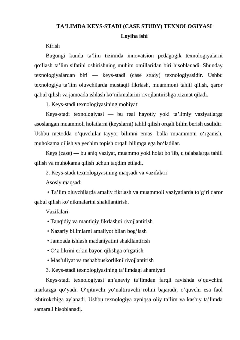 Keys-stadi (Case Study) Texnologiyasi