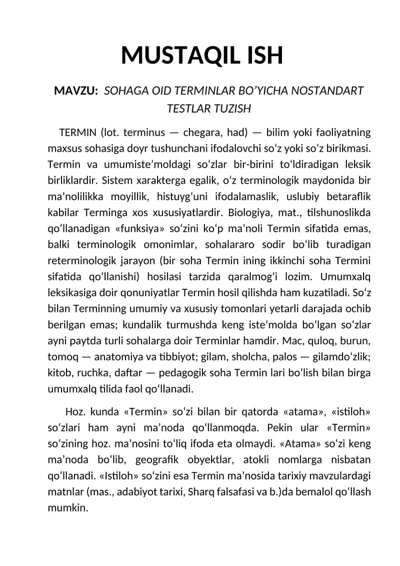 SOHAGA OID TERMINLAR BO’YICHA NOSTANDART TESTLAR TUZISH