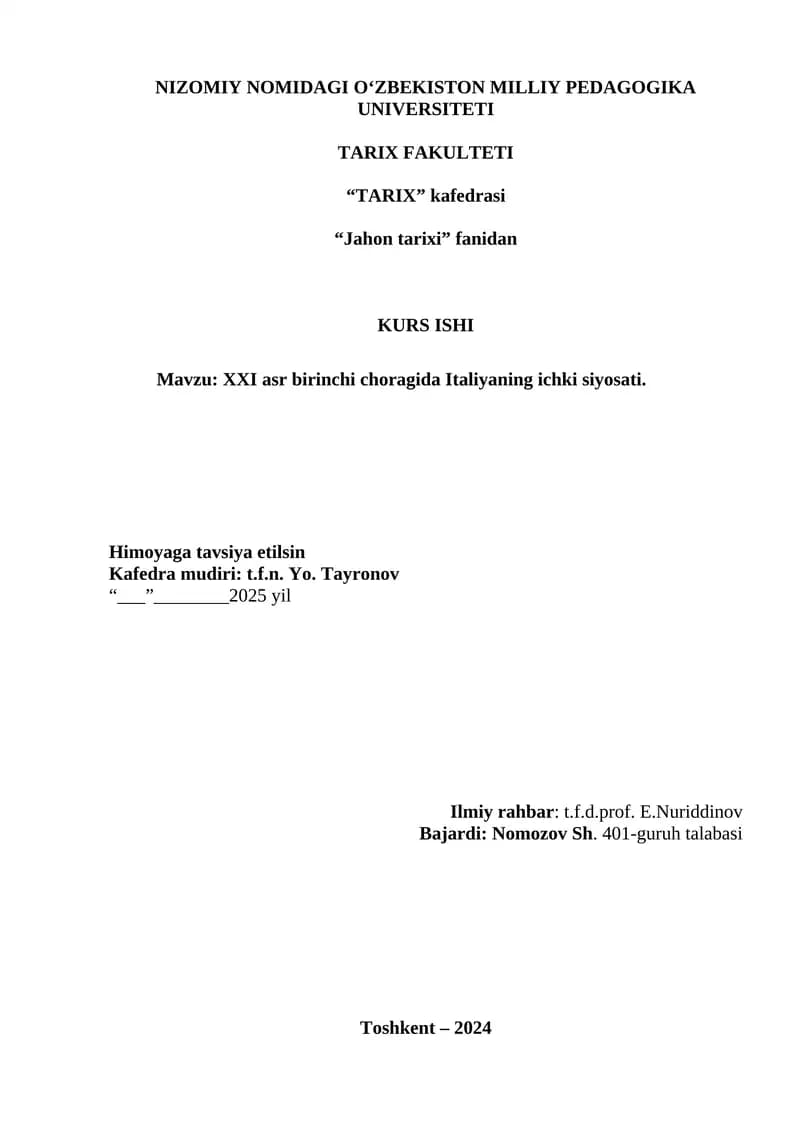 XXI asr birinchi choragida Italiyaning ichki siyosati