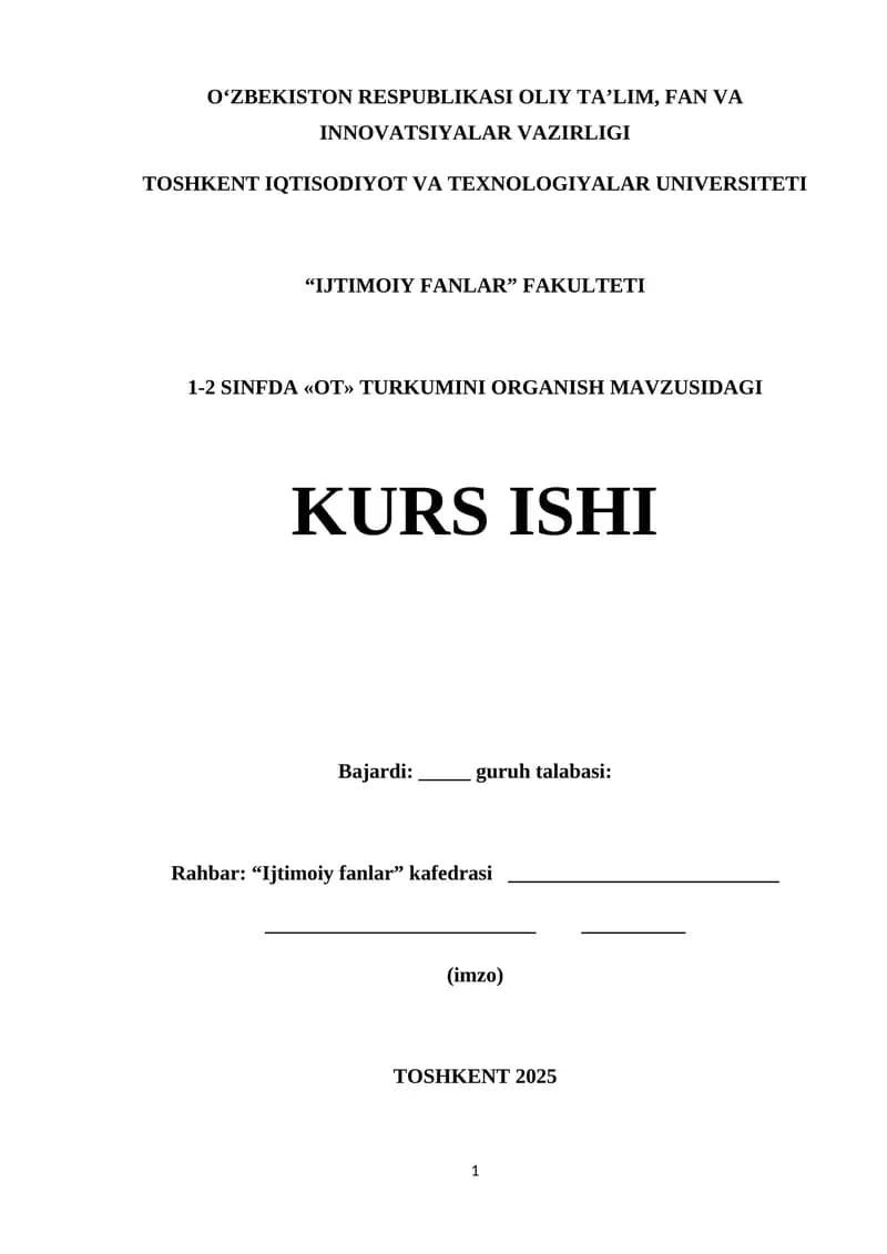 1-2 SINFDA «OT» TURKUMINI ORGANISH