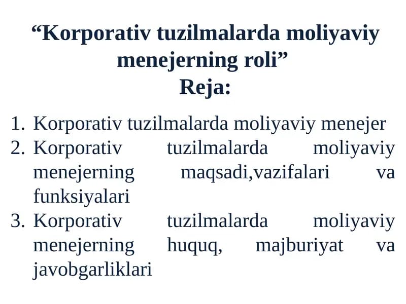 Korporativ tuzilmalarda moliyaviy menejer