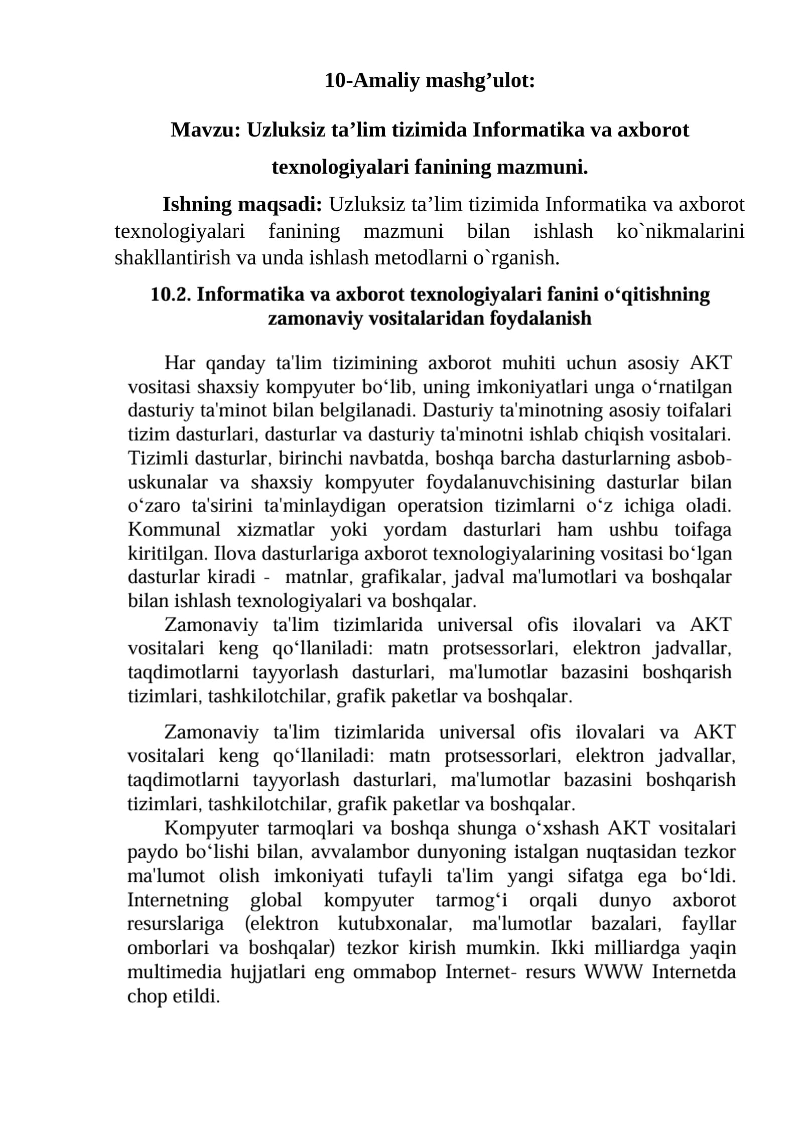 Uzluksiz ta’lim tizimida Informatika va axborot texnologiyalari fanining mazmuni