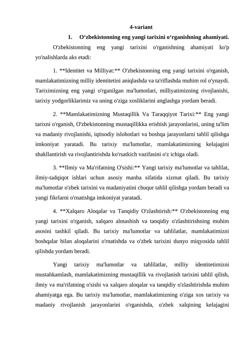 O'zbekistonning eng yangi tarixini o'rganishning ahamiyati