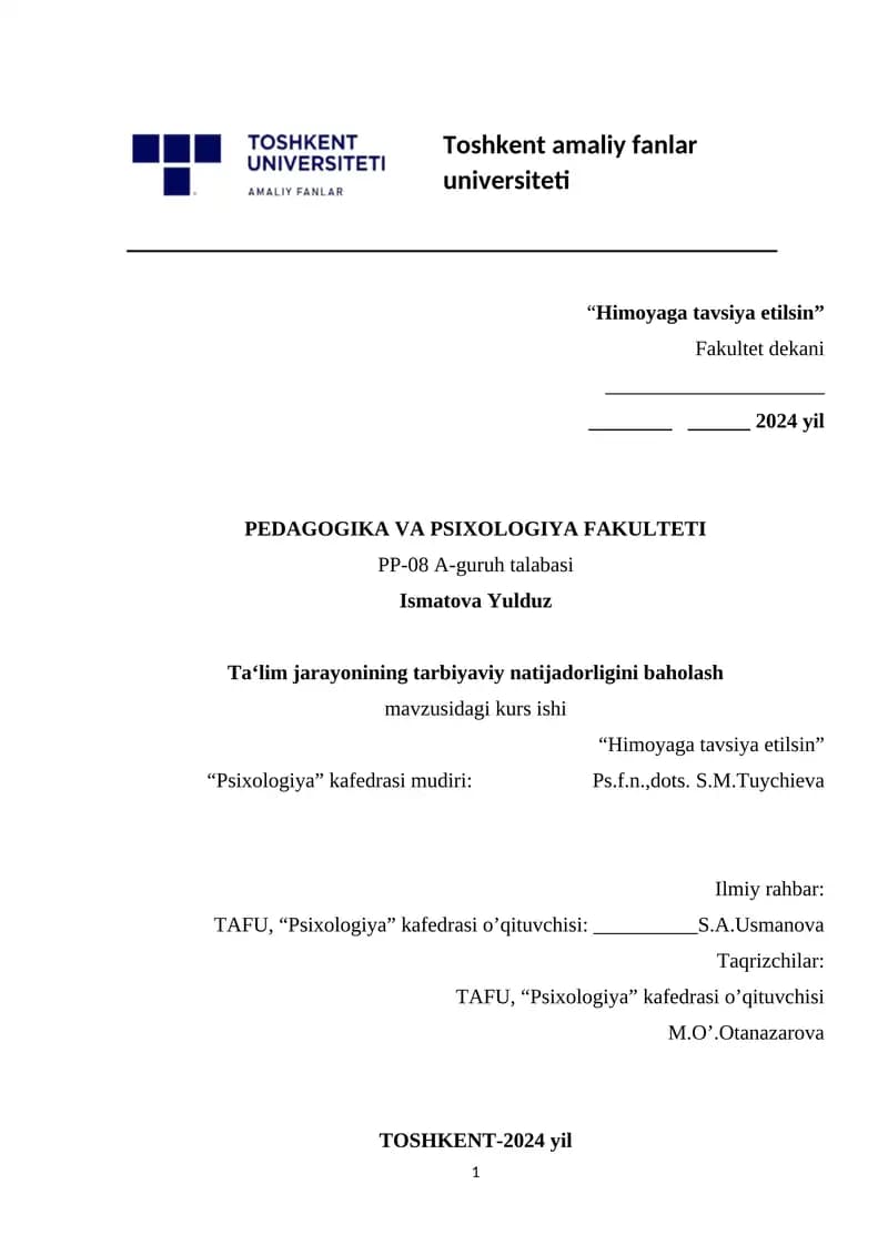 Ta‘lim jarayonining tarbiyaviy natijadorligini baholash