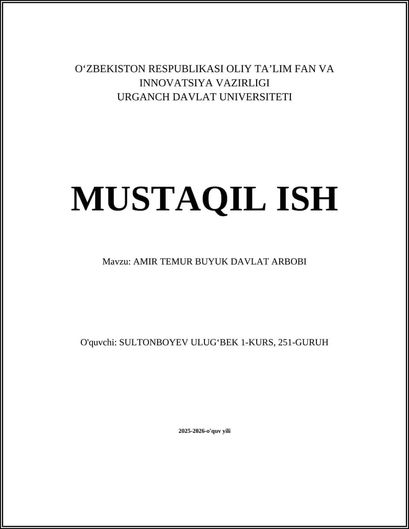 AMIR TEMUR BUYUK DAVLAT ARBOBI