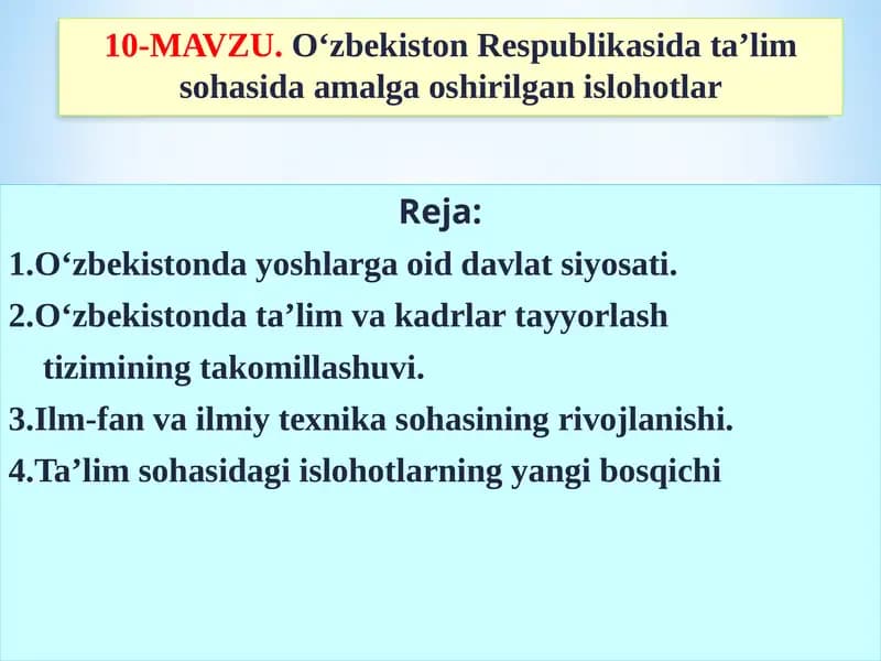 O‘zbekiston Respublikasi data’lim sohasida amalga oshirilgan islohotlar