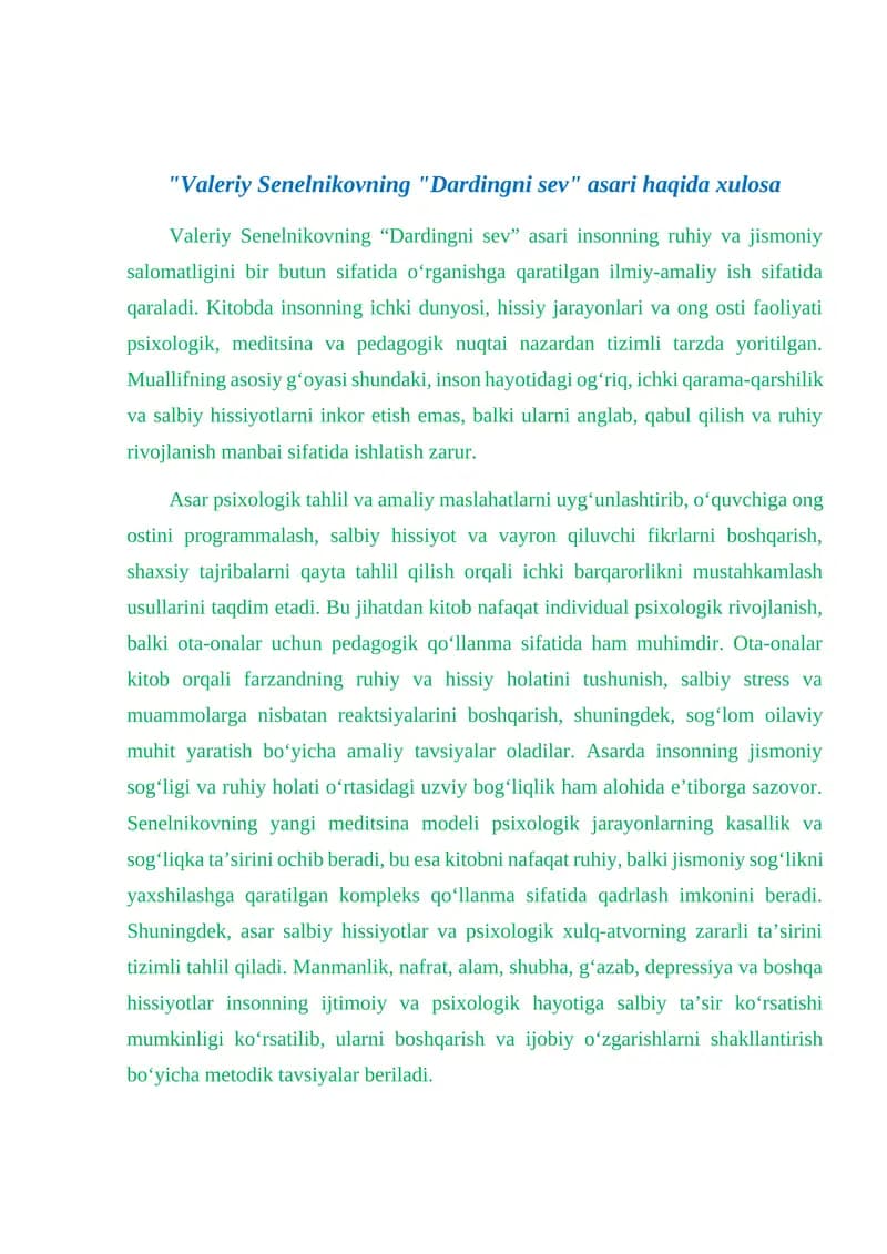 "Valeriy Senelnikovning "Dardingni sev" asari haqida xulosa