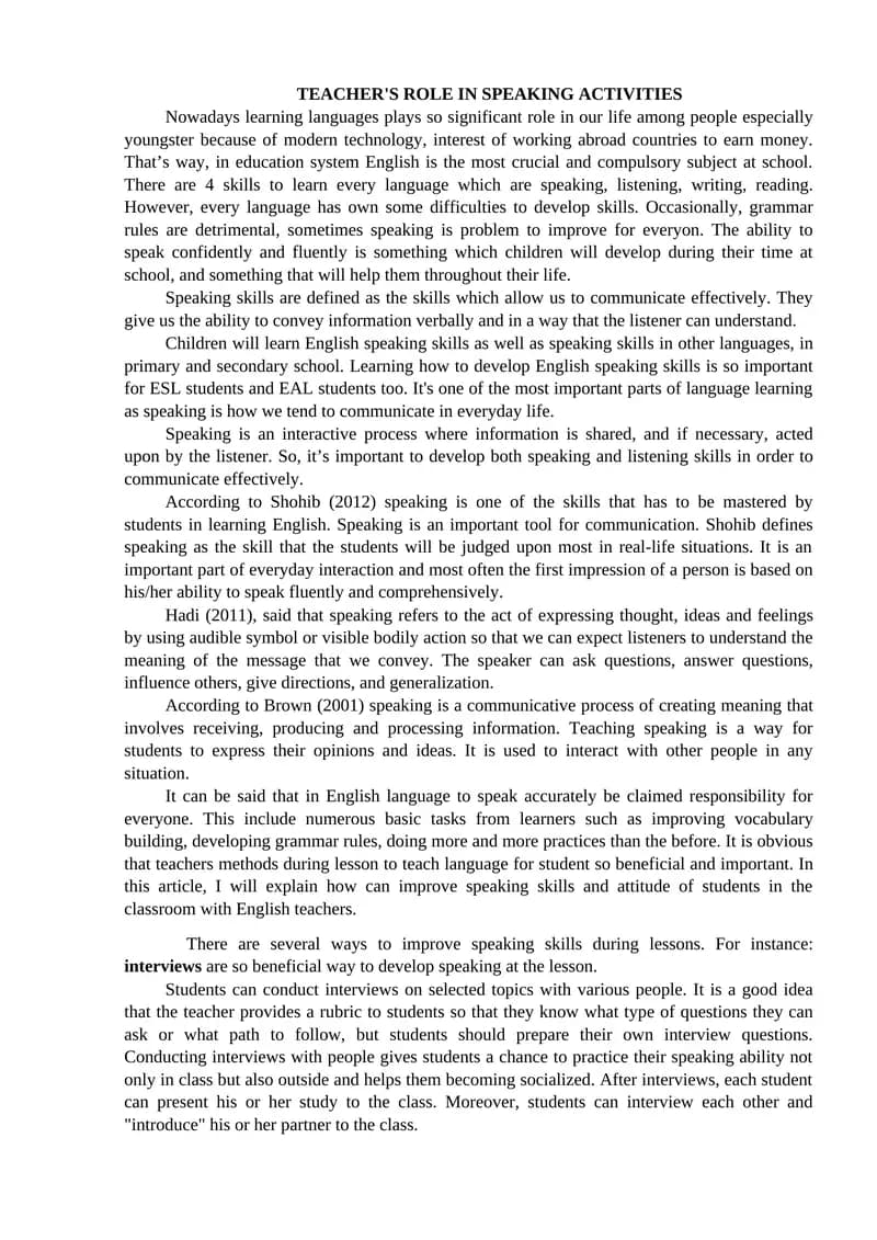 TEACHER'S ROLE IN SPEAKING ACTIVITIES