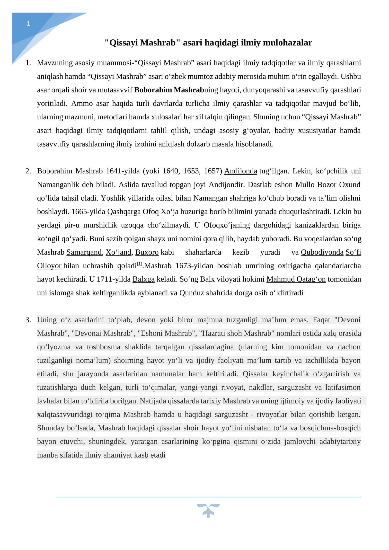 Qissayi Mashrab asari haqidagi ilmiy mulohazalar