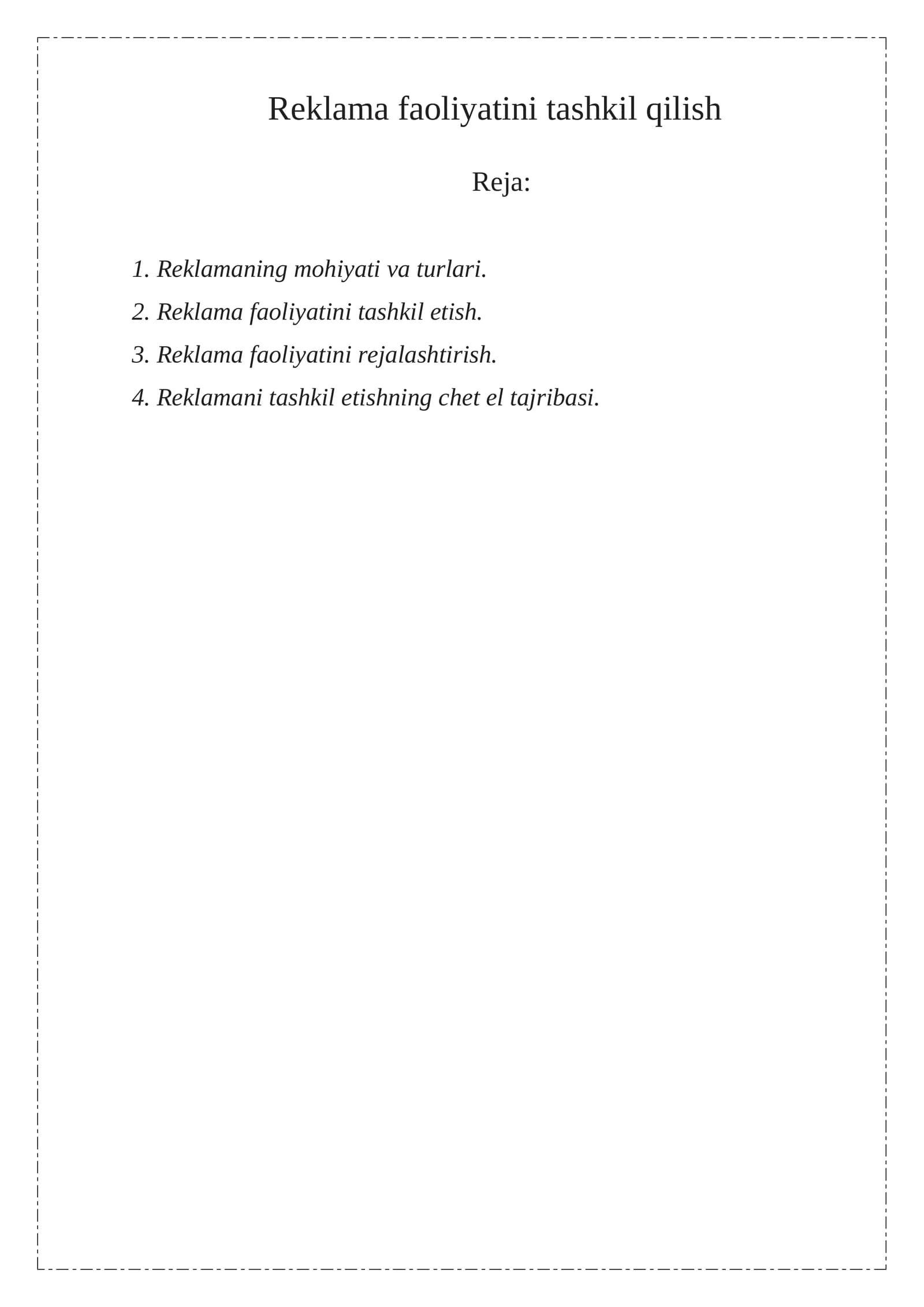 Reklama faoliyatini tashkil qilish