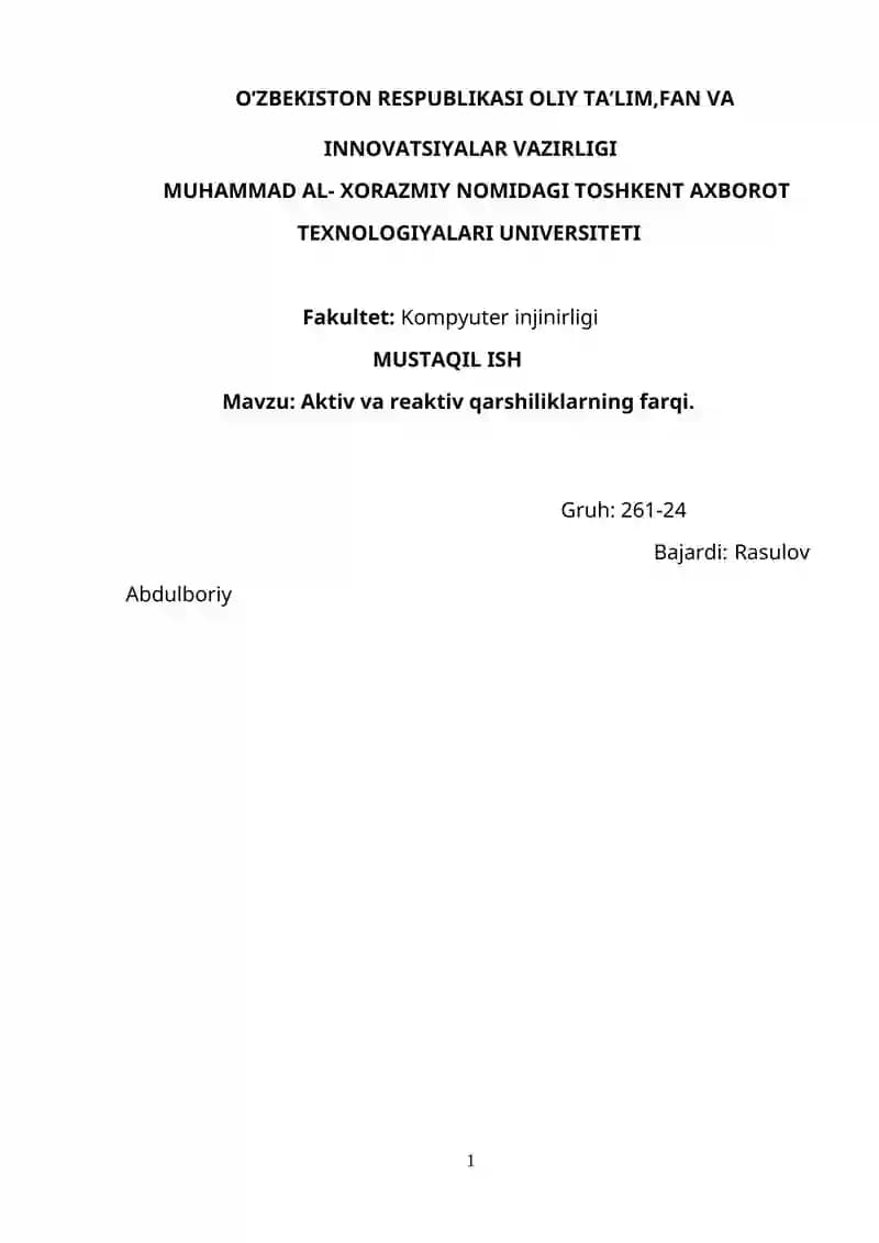 Aktiv va reaktiv qarshiliklarning farqi
