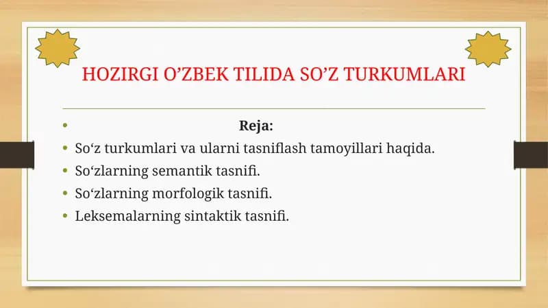 HOZIRGI O’ZBEK TILIDA SO’Z TURKUMLARI