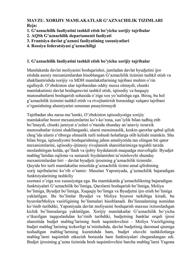 XORIJIY MAMLAKATLAR G’AZNACHILIK TIZIMLARI