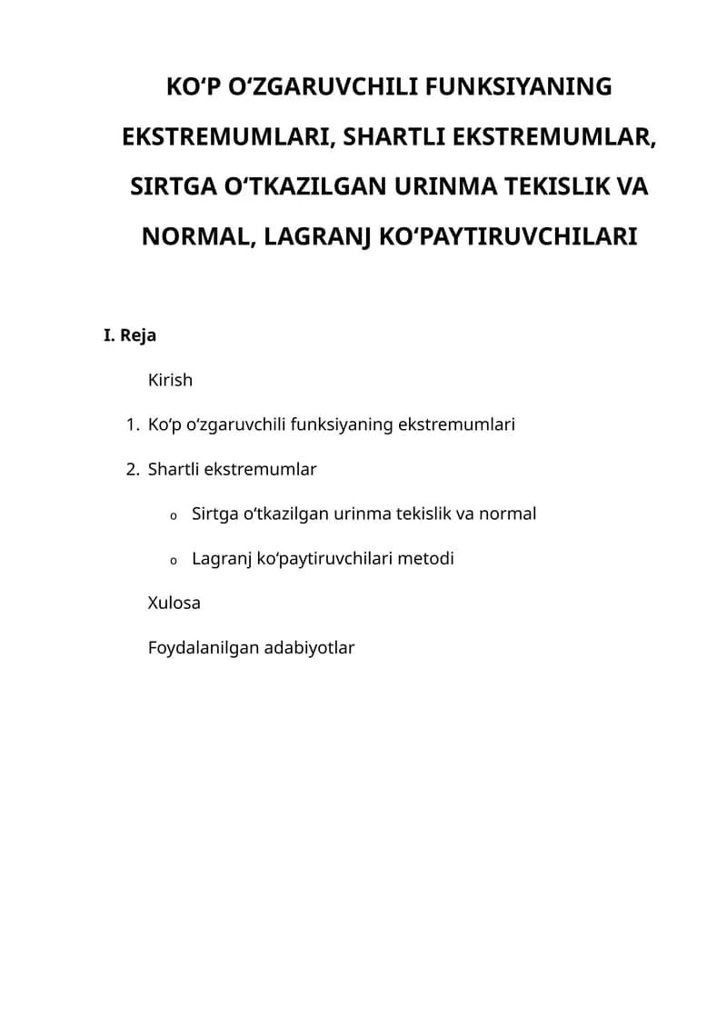 Ko‘p o‘zgaruvchili funksiya ekstremumlari