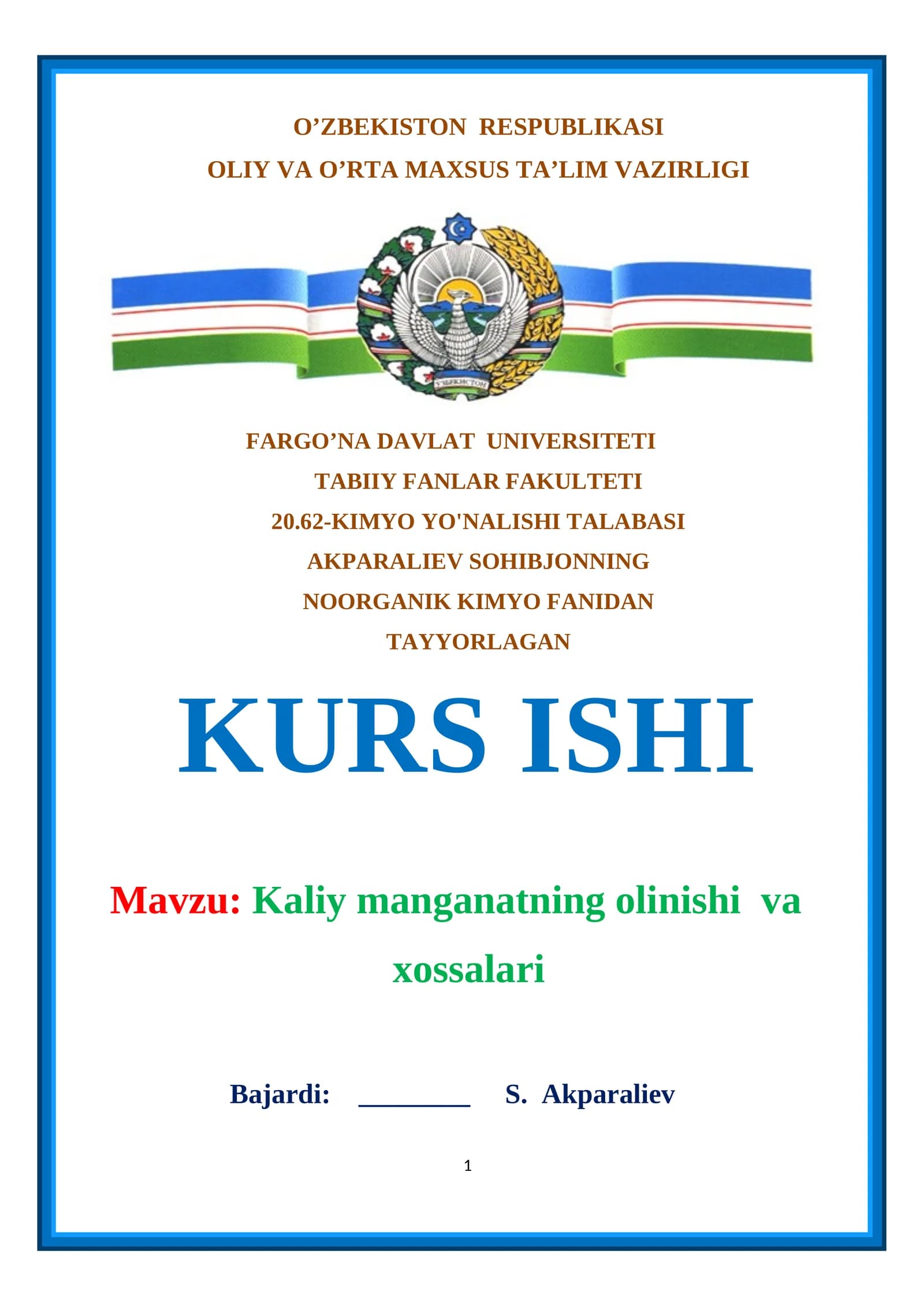 Kaliy manganatning olinishi va xossalari