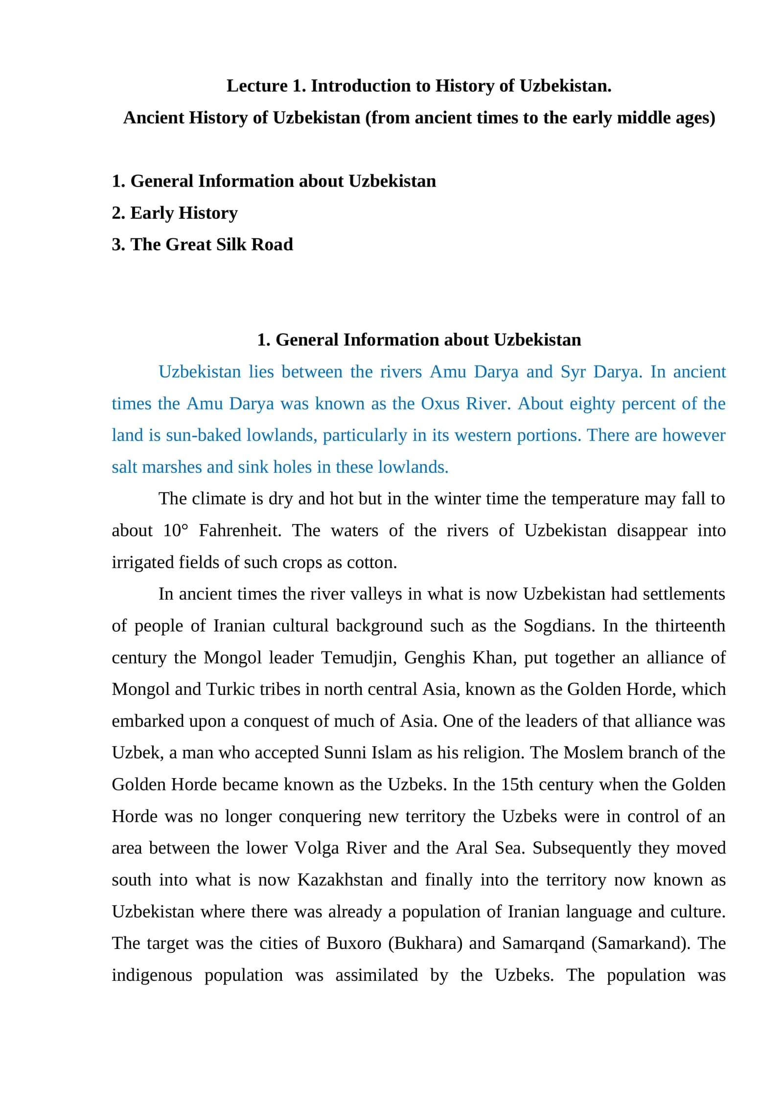 Lecture 1. Introduction to History of Uzbekistan