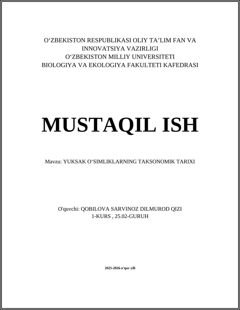 YUKSAK OʻSIMLIKLARNING TAKSONOMIK TARIXI