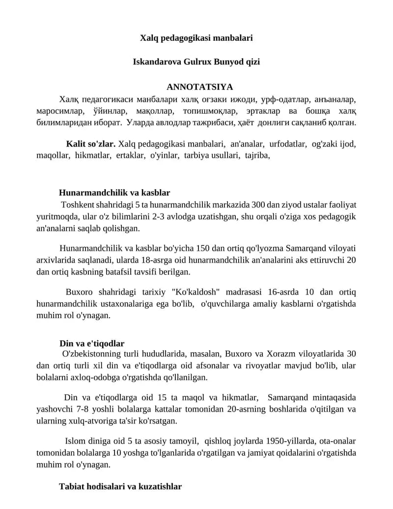 Xalq pedagogikasi manbalari
