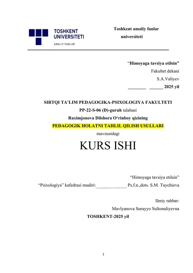 PEDAGOGIK HOLATNI TAHLIL QILISH USULLARI