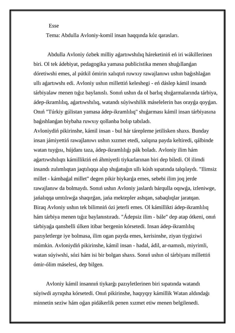 Abdulla Avloniy-komil insan haqqında kóz qarasları