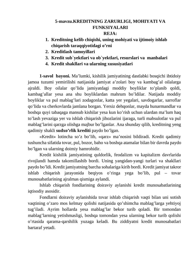 KREDITNING ZARURLIGI, MOHIYATI VA FUNKSIYALARI