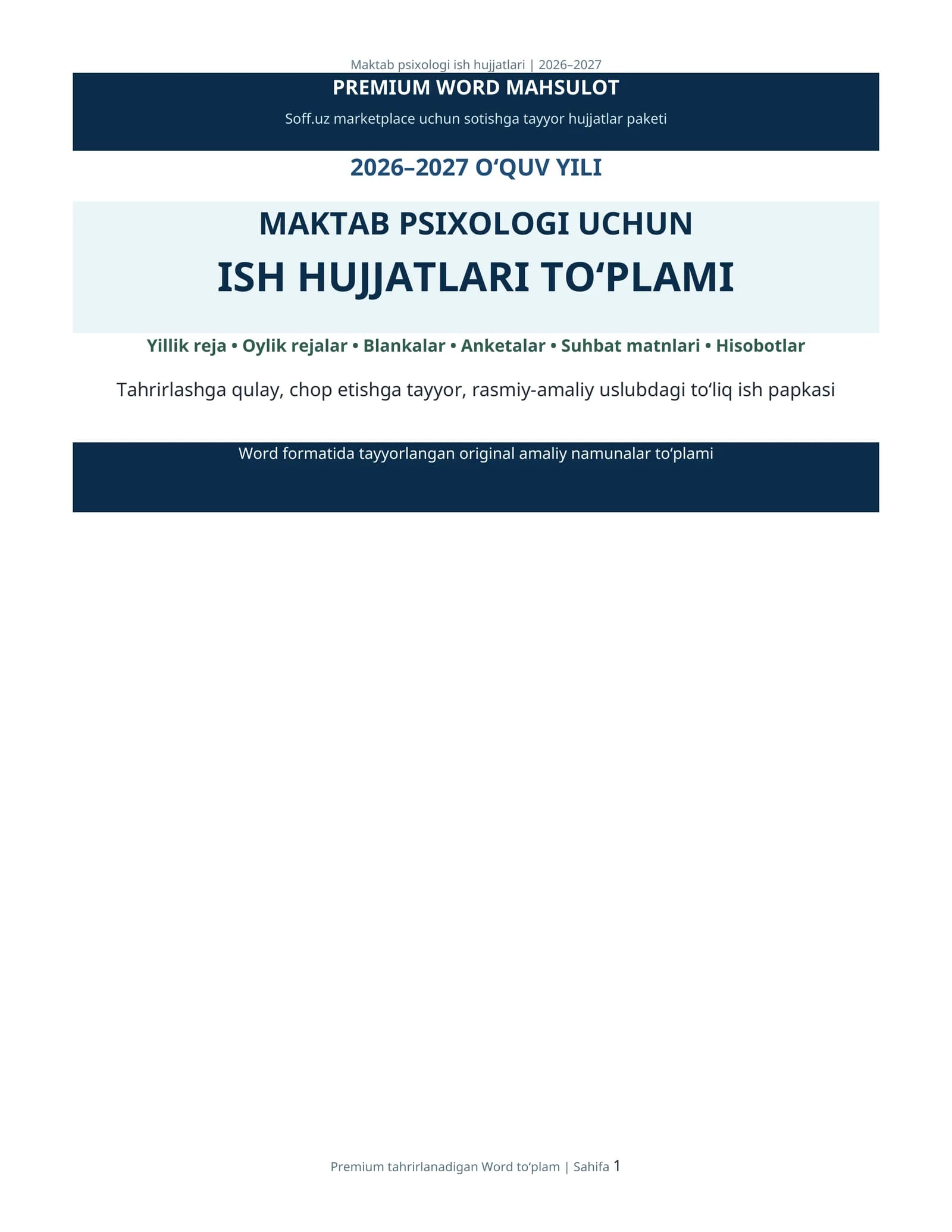 MAKTAB PSIXOLOGI UCHUN ISH HUJJATLARI TO‘PLAMI