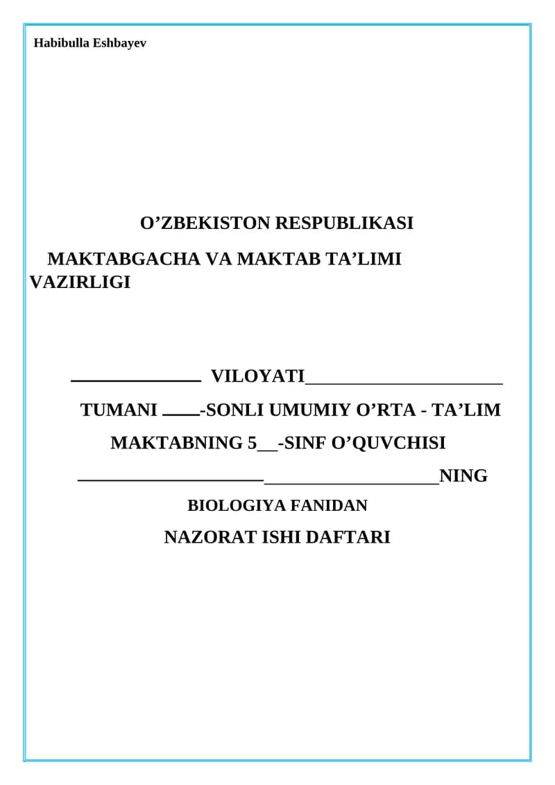 BIOLOGIYA FANIDAN NAZORAT ISHI DAFTARI
