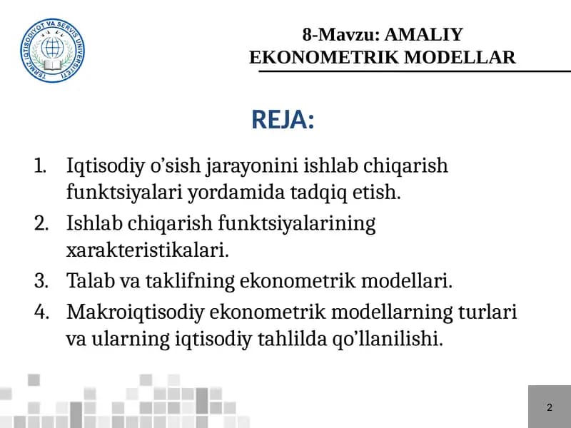 AMALIY EKONOMETRIK MODELLAR
