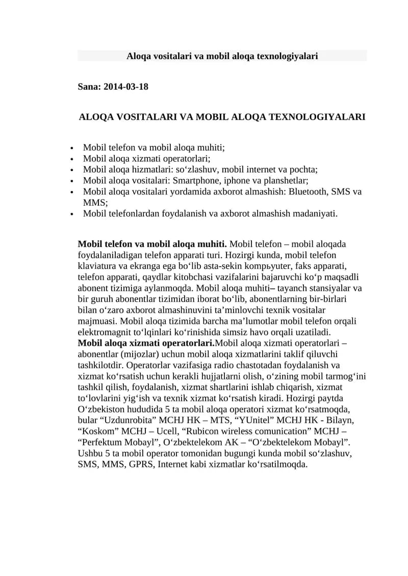 ALOQA VOSITALARI VA MOBIL ALOQA TEXNOLOGIYALARI