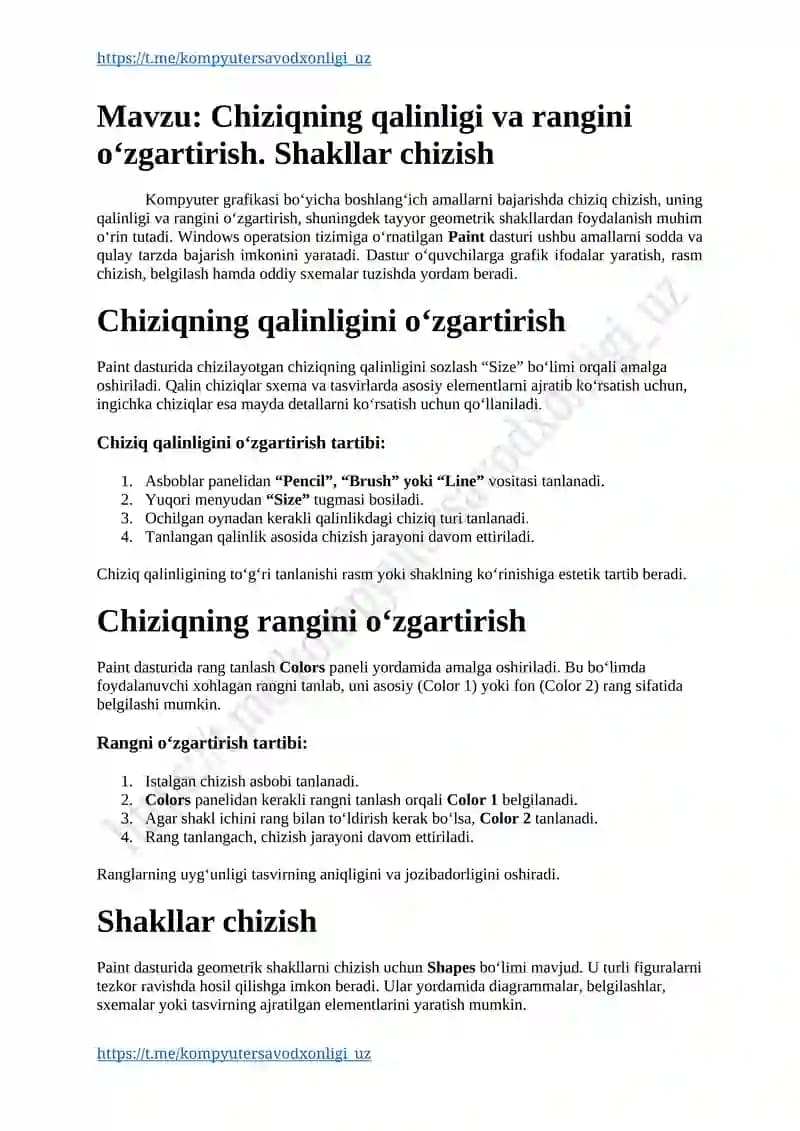 Chiziqning qalinligi va rangini o‘zgartirish. Shakllar chizish