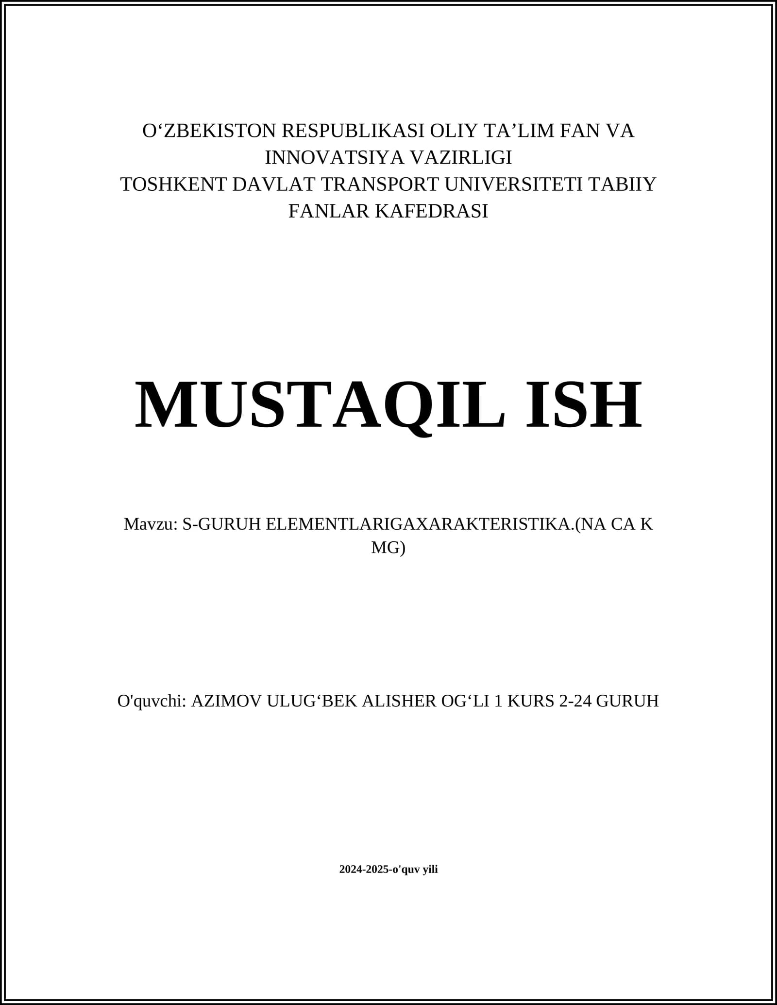 S-GURUH ELEMENTLARIGAXARAKTERISTIKA