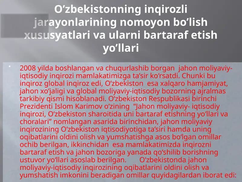 O'zbekiston G'aznasining Nomoyonlarini Bartaraf etish yo'llari